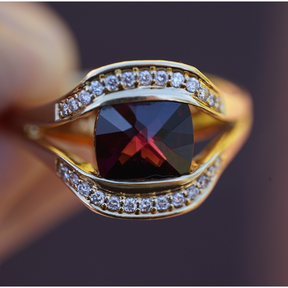 Lorenzo Designer 18k‎ Solid Gold Natural Rhodolite Garnet & Diamond Pave Ring - Picture 7 of 13
